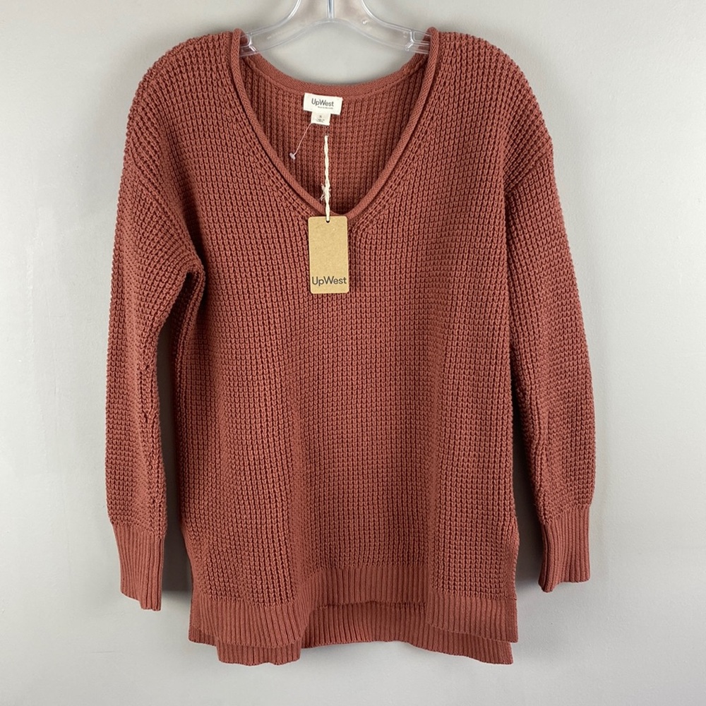UpWest V-Neck Waffle Knit Sweater in Rust